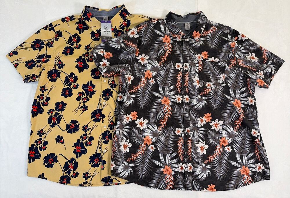 (2) Hurley Men's 2XL Tropical Floral Hawaiian Shirts Surf Resortwear Bnfts Chrty
